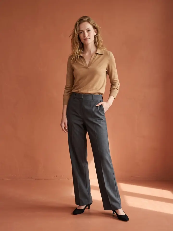 Model uit de Mode-studio in een camel trui en wijde broek tegen een terracotta wand